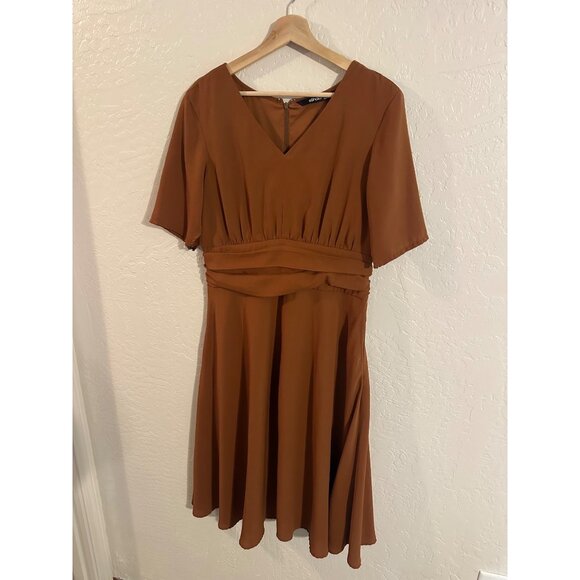 Y eShakti Retro Mocha Brown V Neck Ruched Middle Swing Midi Dress - Picture 2 of 15